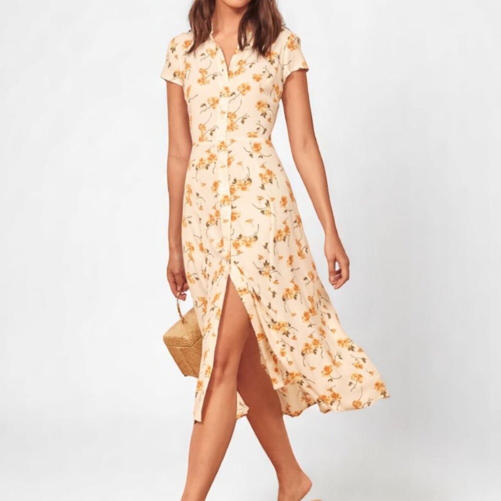 Reformation Floral Midi Dress in Cream and Yellow